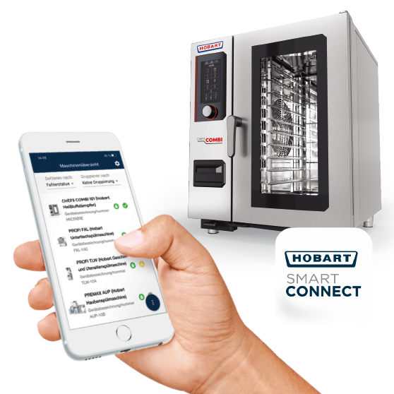 Smartphone zeigt Statusübersicht der HOBART CHEF'S COMBI – moderne App-basierte Steuerung und Überwachung.