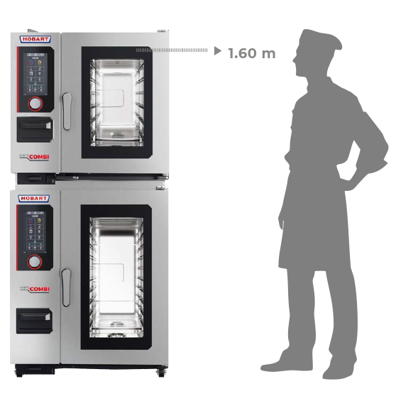 Zwei übereinander gestapelte Kombiöfen mit digitalem Bedienfeld und Glastüren – rechts daneben eine Personensilhouette zur Veranschaulichung der Höhe von 1,60 m des oberen Ofens.