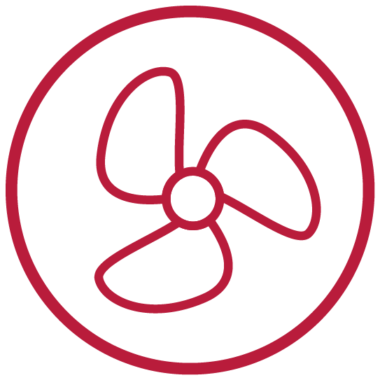 Ein roter Kreis mit einem Ventilator – steht für Luftzirkulation oder Belüftung