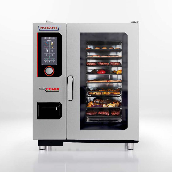 Professioneller CHEF'S COMBI Kombidämpfer mit Edelstahlgehäuse, Glastür und digitalem Bedienfeld – mehrere Bleche mit Fleisch und Gemüse im Garprozess sichtbar.