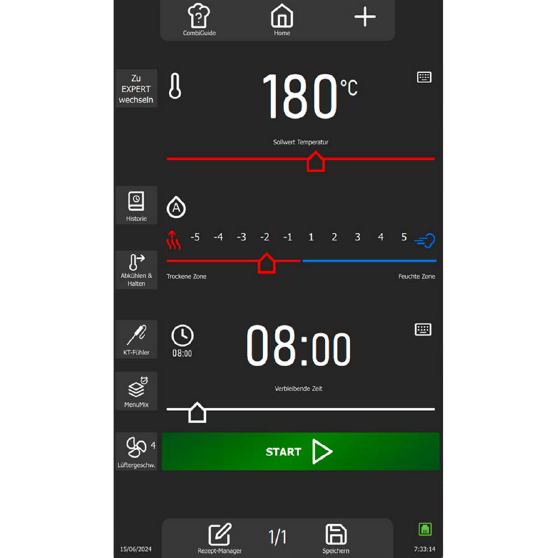 Digitales Bedienfeld eines professionellen Küchengeräts mit Temperatureinstellung auf 180 °C, Feuchtigkeitsregelung bei -2, Zeitangabe von 8 Stunden und großem START-Button.