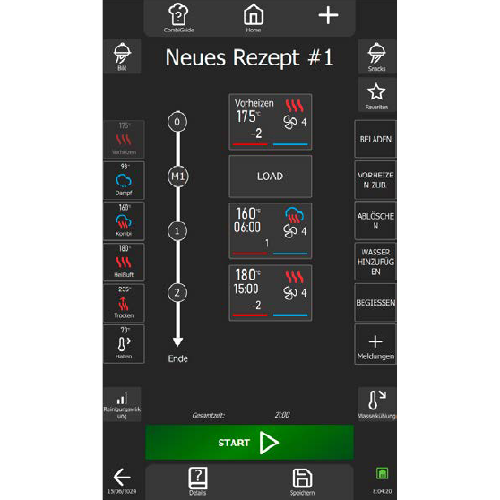 Digitales Rezeptinterface mit dem Titel „Neues Rezept #1“ – zeigt Einstellungen für Vorheizen, Dämpfen und Backen mit Temperaturen von 160 °C bis 180 °C, Zeiten und Lüfterstufen sowie Buttons wie „LOAD“ und „START“.