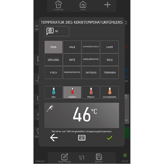 Digitales Interface zur Einstellung der Kerntemperatur für verschiedene Lebensmittel wie Rind, Kalb, Schwein, Lamm, Geflügel, Fisch und Meeresfrüchte – mit Auswahl der Garstufen von „blue“ bis „well done“, aktuelle Temperatur: 46 °C.