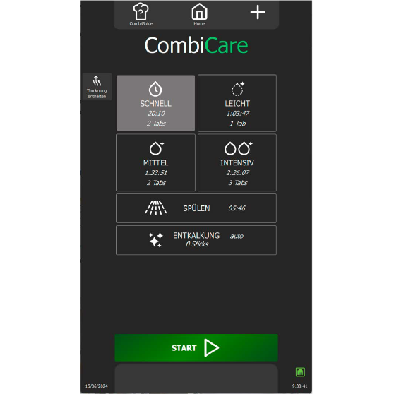 Digitales Interface mit Reinigungsmodi wie „Schnell“, „Leicht“, „Mittel“, „Intensiv“, „Spülen“ und „Entkalkung“ – jeweils mit Zeitangaben und Tab-/Stickbedarf, unten ein großer START-Button.