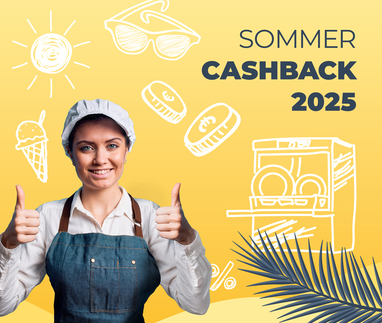 Werbegrafik für HOBART Sommer Cashback 2025 mit einer Person in Arbeitskleidung, Daumen hoch, gelbem Hintergrund und gezeichneter Spülmaschine.
