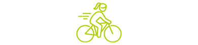Einfaches grünes Icon zeigt eine Person, die auf einem Fahrrad fährt, mit angedeuteten Bewegungslinien für Dynamik.