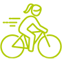  Einfaches grünes Icon zeigt eine Person, die auf einem Fahrrad fährt, mit angedeuteten Bewegungslinien für Dynamik.