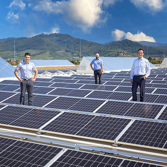 Große Solaranlage auf einem Flachdach mit zahlreichen Photovoltaikmodulen zur nachhaltigen Energieerzeugung, umgeben von grünen Hügeln und blauem Himmel