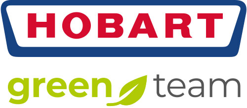 Kombiniertes Logo mit dem Schriftzug „HOBART“ in Rot auf weißem Hintergrund mit blauem Rahmen und darunter „green team“ in grüner und grauer Farbe.