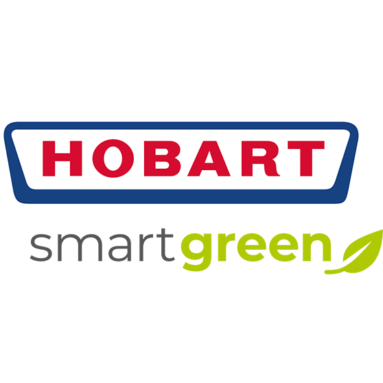 Kombiniertes Logo mit dem Schriftzug „HOBART“ in Rot auf weißem Hintergrund mit blauem Rahmen und darunter „smart green“ in grauer und grüner Farbe.