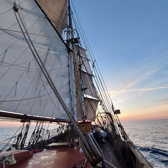 Großes Segelschiff mit gesetzten Segeln auf ruhiger See bei Sonnenuntergang. Sichtbar sind Masten, Takelage und das Holzdeck unter klarem Himmel.