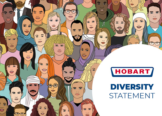 Illustration vieler unterschiedlicher Personen als Symbol für Vielfalt und Inklusion, daneben das HOBART-Logo mit dem Text „Diversity Statement“ als Unternehmensbotschaft für Chancengleichheit und Diversität.