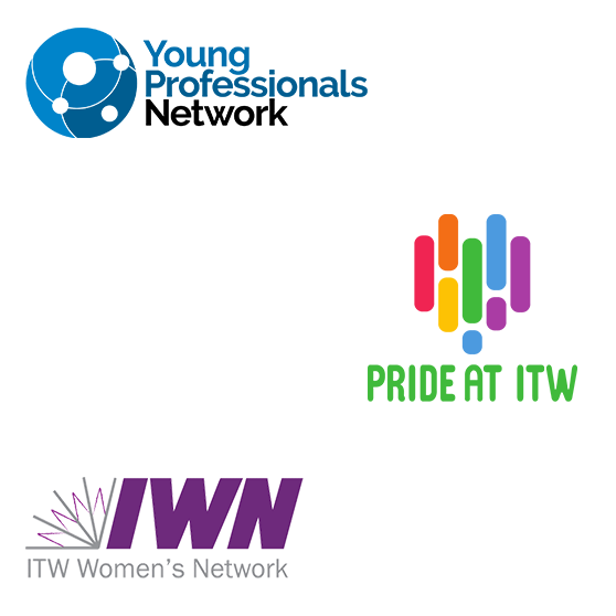 Übersicht von drei ITW-Netzwerk-Logos: Young Professionals Network für Nachwuchskräfte, Pride at ITW für LGBTQ+-Inklusion und ITW Women’s Network zur Förderung von Frauen und Gleichstellung im Unternehmen.