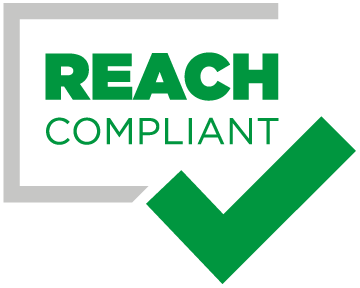REACH-konformes Symbol mit grünem Häkchen und Text „REACH COMPLIANT“, Hinweis auf die Einhaltung der EU-Chemikalienverordnung für sichere und nachhaltige Produkte.