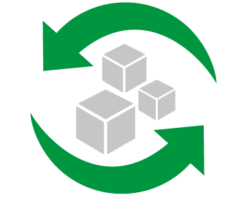 Recycling-Symbol mit drei grauen Würfeln, die Produkte oder Verpackungen darstellen, umgeben von zwei grünen Pfeilen für Kreislaufwirtschaft und nachhaltige Wiederverwendung.