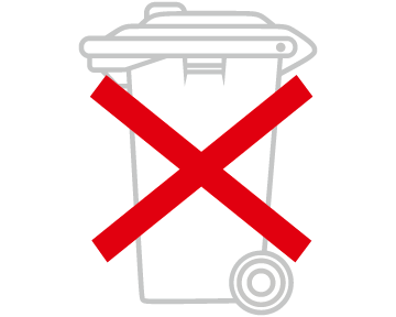 Symbolbild einer Mülltonne mit rotem Kreuz – Kennzeichnung für Gegenstände, die nicht im Hausmüll entsorgt werden dürfen.