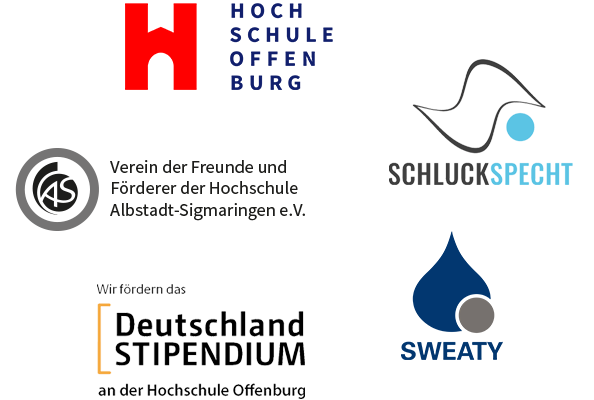 Übersicht von fünf Logos: Hochschule Offenburg, Deutschlandstipendium, Schluckspecht, Sweaty und Verein der Freunde und Förderer der Hochschule Albstadt-Sigmaringen. Darstellung von Hochschulprojekten, Förderprogrammen und Initiativen für Forschung und Innovation.