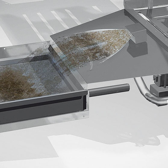 PERMANENT CLEAN Schmutzausgabe von HOBART zur automatischen Entfernung von Speiseresten und Schmutzpartikeln, Edelstahlkonstruktion für hygienische Reinigung und effiziente Wasseraufbereitung in Gastronomie.