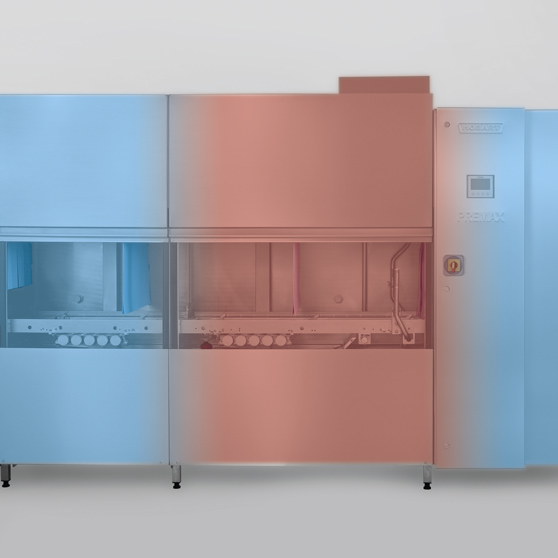 Industrielle Spülmaschine aus Edelstahl mit farblich markierten Spül- und Trocknungszonen, ideal für Gastronomie, Großküchen und Catering