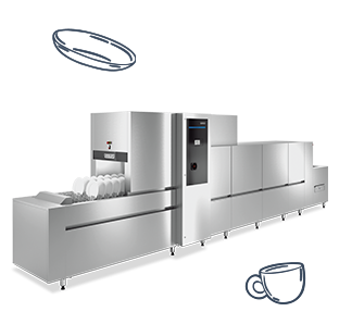HOBART FLOWLine Bandspülmaschine mit Edelstahlgehäuse und modularer Bauweise, Tellerkorb im Eingabebereich, entwickelt für maximale Spülleistung, Energieeffizienz und professionelle Gastronomie.