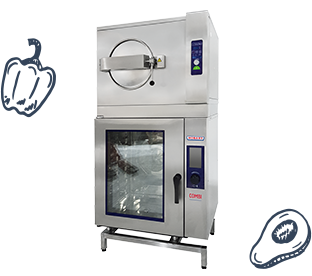 HOBART Kombigerät mit Trockendampf-Schnellgarer und CHEF COMBI Kombidämpfer, Edelstahlgehäuse und kompaktes Design, ideal für schnelles und schonendes Garen sowie multifunktionales Kochen in professionellen Küchen.