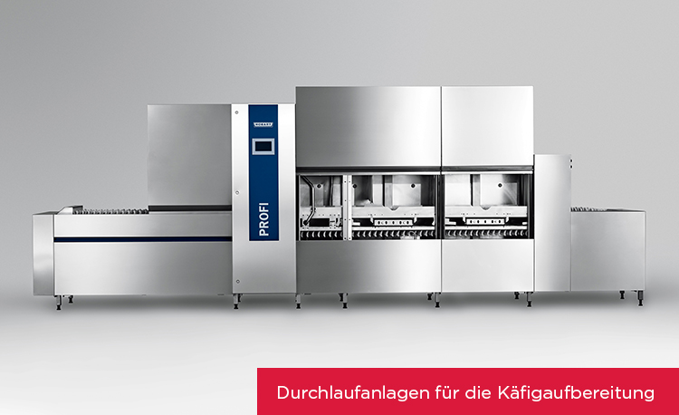 HOBART PROFI Durchlaufanlage aus Edelstahl für die hygienische Käfigaufbereitung, mit automatischem Spülsystem, Förderband und mehreren Spülkammern, ideal für Labor- und Forschungsumgebungen mit hohen Hygieneanforderungen.