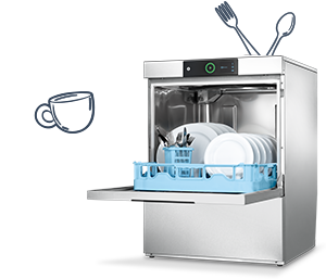 HOBART Untertischspülmaschine mit geöffnetem Türbereich und blauem Geschirrkorb voller Teller, Tassen und Besteck. Kompakte Bauweise für professionelle Küchen, energieeffiziente Technologie und hygienische Reinigung von Geschirr und Gläsern.