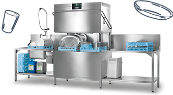 HOBART PREMAX AUPT Haubenspülmaschine in kompletter Edelstahl-Spülstrecke mit Vorspülbereich, Chemiebehältern und Abstellflächen, ideal für effizientes und hygienisches Spülen in professionellen Großküchen.