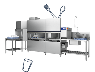 Korbtransportmaschine PROFI CN mit modularer Edelstahlkonstruktion und integrierter Vorspülzone, entwickelt für effizientes und hygienisches Spülen großer Mengen Geschirr in professionellen Küchen.