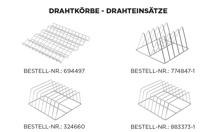 Vier HOBART Drahtkörbe und Drahteinsätze aus Edelstahl als Zubehör für professionelle Spülmaschinen, verschiedene Modelle für Teller, Bleche und Spülgut, Bestellnummern 694497, 774847-1, 324660 und 883373-1.