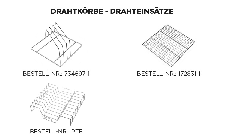 Drei HOBART Drahtkörbe und Drahteinsätze aus Edelstahl als Zubehör für professionelle Spülmaschinen, verschiedene Modelle für Teller, Bleche und Spülgut, Bestellnummern 734697-1, 172831-1 und PTE.