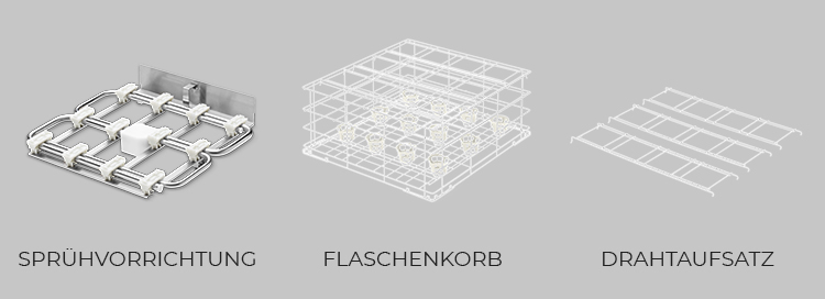 HOBART Zubehör für professionelle Spülmaschinen: Sprühvorrichtung aus Edelstahl für intensive Reinigung, Flaschenkorb mit Halterungen für sichere Flaschenaufnahme und Drahtaufsatz für flexible Körbeinsätze.