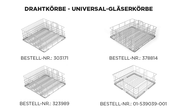 Vier HOBART Universal-Gläserkörbe aus Edelstahl als Zubehör für professionelle Spülmaschinen, robuste Drahtkonstruktion für sichere Glasaufnahme, Bestellnummern 303171, 378814, 323989 und 01-539039-001.
