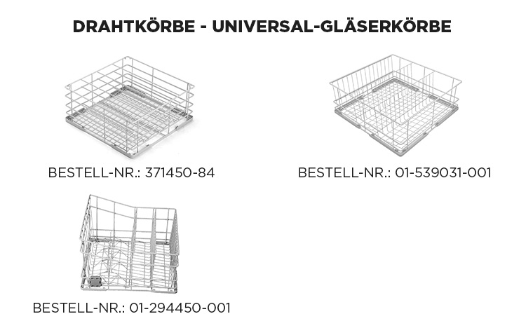 Drei HOBART Universal-Gläserkörbe aus Edelstahl als Zubehör für professionelle Spülmaschinen, robuste Drahtkonstruktion für sichere Glasaufnahme, Bestellnummern 371450-84, 01-539031-001 und 01-294450-001.