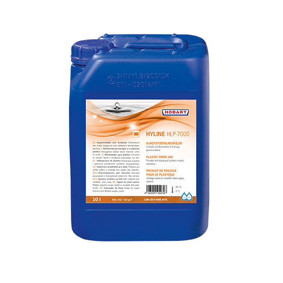 HOBART HYLINE HLP-7000 Kunststoffklarspüler im 10-Liter-Kanister für professionelle Spülmaschinen, speziell für Kunststoffgeschirr entwickelt, sorgt für streifenfreie Trocknung und perfekte Spülergebnisse in Gastronomie und Großküchen.