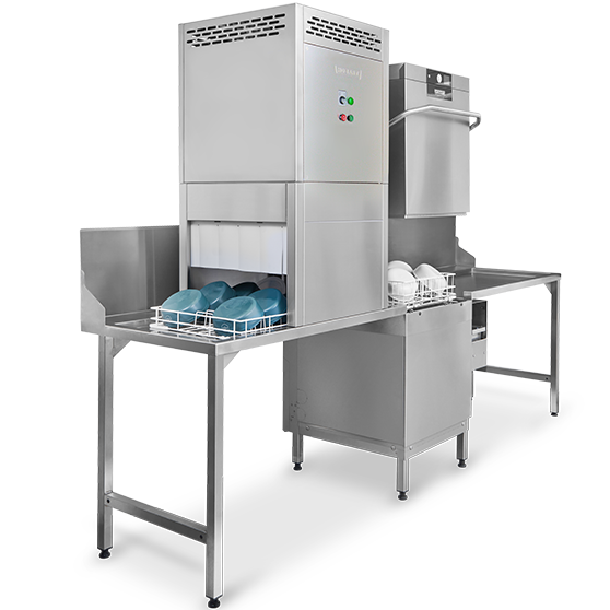 Professionelle HOBART Haubenspülmaschine mit externer Trocknungseinheit und Edelstahl-Durchschubstrecke, zwei Körbe mit Mehrwegbechern für hygienische Reinigung und schnelles Trocknen in nur 120 Sekunden.