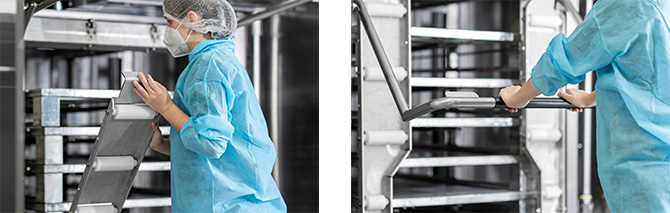 Ergonomische Bedienung des Palettenhubsystems an der HOBART Palettenreinigungsanlage, leichtgängige Hebelmechanik für sicheres Anheben und Arretieren der Paletten während des Reinigungsprozesses.