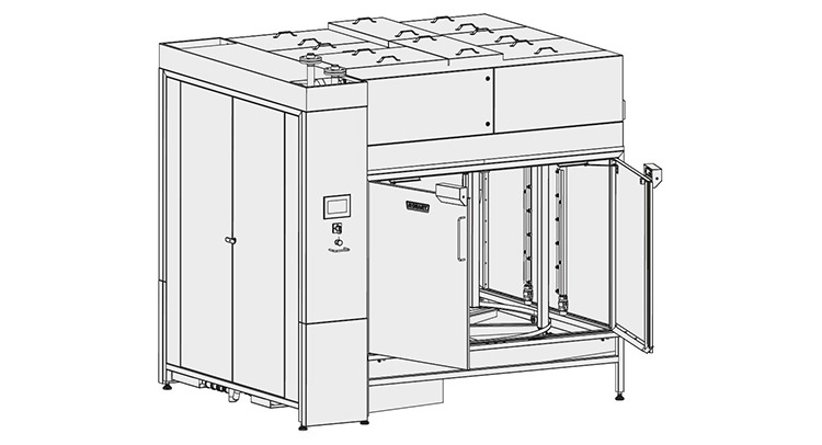 Technische Zeichnung der HOBART Palettenreinigungsanlage für maschinelle Reinigung von Paletten, mit ergonomischer Beladung per Gabelstapler oder Hochhubwagen, automatischer Reinigung und Trocknung, hoher Kapazität und geringem Wasserverbrauch.