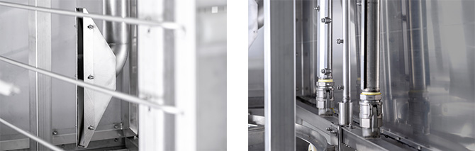 Detailansicht der HOBART Palettenwaschanlage mit leistungsstarker Ausblas- und Trocknungseinheit sowie individuell einstellbaren Wasch- und Spüldüsen für perfekte Reinigung und Trocknung von Paletten und Behältern in Hygienebereichen.