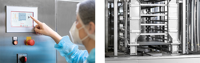 HOBART Palettenwaschanlage mit PROTRONIC XL Steuerung und großem 7-Zoll-Touchdisplay für intuitive Bedienung, Anzeige von Maschineninformationen und Reinigungsprogrammen, sowie flexible Edelstahl-Reinigungswagen für Paletten und Behälter.