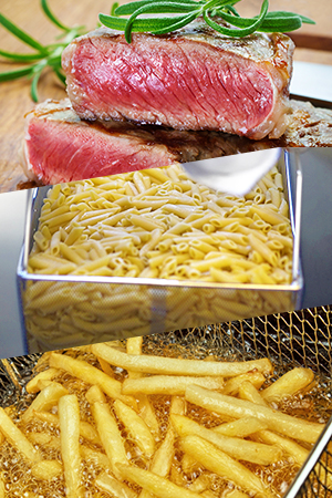 Collage mit saftigem Steak mit Rosmarin, Penne-Nudeln im Edelstahlkorb und goldgelben Pommes frites in heißem Öl, typische Garprozesse in der professionellen Küche.