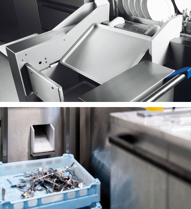 Detailansicht der FLOW Line mit automatisierter Tablettaustaktung über Edelstahlrutsche und integrierter Station zur Ausgabe von Besteck für effiziente und hygienische Prozesse in professionellen Spülstraßen.