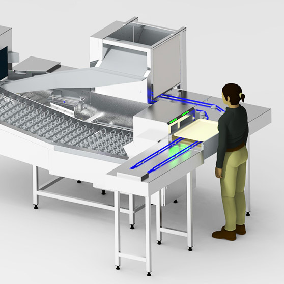 Darstellung des HOBART SMART LOAD Beladungssystems für die FLOW Line mit ergonomischer Handhabung, automatisierter Einlegung von Tellern und Schalen sowie hoher Effizienz durch doppelte Taktung von bis zu 60 Teilen pro Minute.
