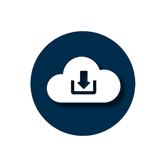 Minimalistisches Cloud-Download-Icon mit weißer Wolke und nach unten gerichteten Pfeil auf dunkelblauem Kreis, steht für das Herunterladen von Dateien aus der Cloud oder Online-Speicher.