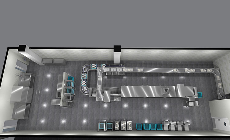 Beispielplanung einer HOBART FLOW Line autoLINE aus der Vogelperspektive, automatisches Spülsystem mit langem Förderband und Kurven für effiziente Reinigung von Geschirr und Gläsern, Edelstahlkonstruktion für hygienische und optimierte Abläufe in einer modernen Spülküche.