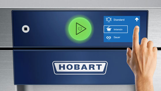 HOBART Spülmaschine mit moderner Touchscreen-Bedienung, Auswahl des Intensiv-Programms für gründliche Reinigung, grüner Start-Button und Edelstahlgehäuse für professionelle Spültechnik.