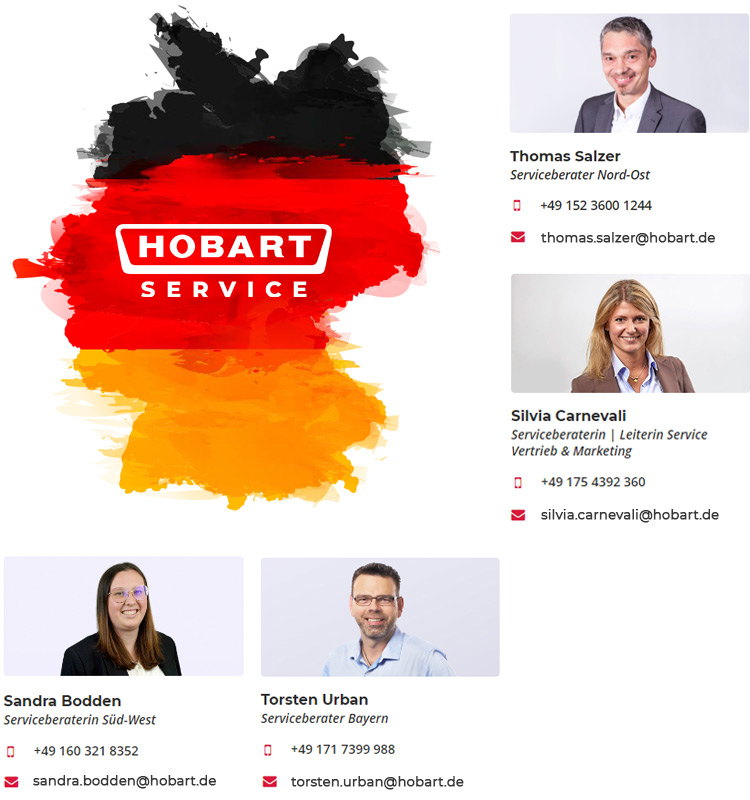 Kontaktübersicht für HOBART Service in Deutschland mit stilisierter Deutschlandkarte in Schwarz-Rot-Gelb und HOBART SERVICE Logo, inklusive Ansprechpartner, Telefonnummern und E-Mail-Adressen für verschiedene Regionen.