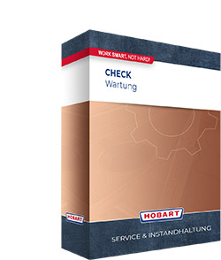 Kupferfarbene Produktbox des HOBART Servicepakets für Wartung mit der Leistung Check, inklusive HOBART Logo und dem Motto „WORK SMART, NOT HARD!“ für professionelle Maschinenpflege.