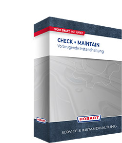 Silberfarbene Produktbox des HOBART Servicepakets für vorbeugende Instandhaltung mit den Leistungen Check und Maintain, inklusive HOBART Logo und dem Motto „WORK SMART, NOT HARD!“ für professionelle Maschinenpflege.