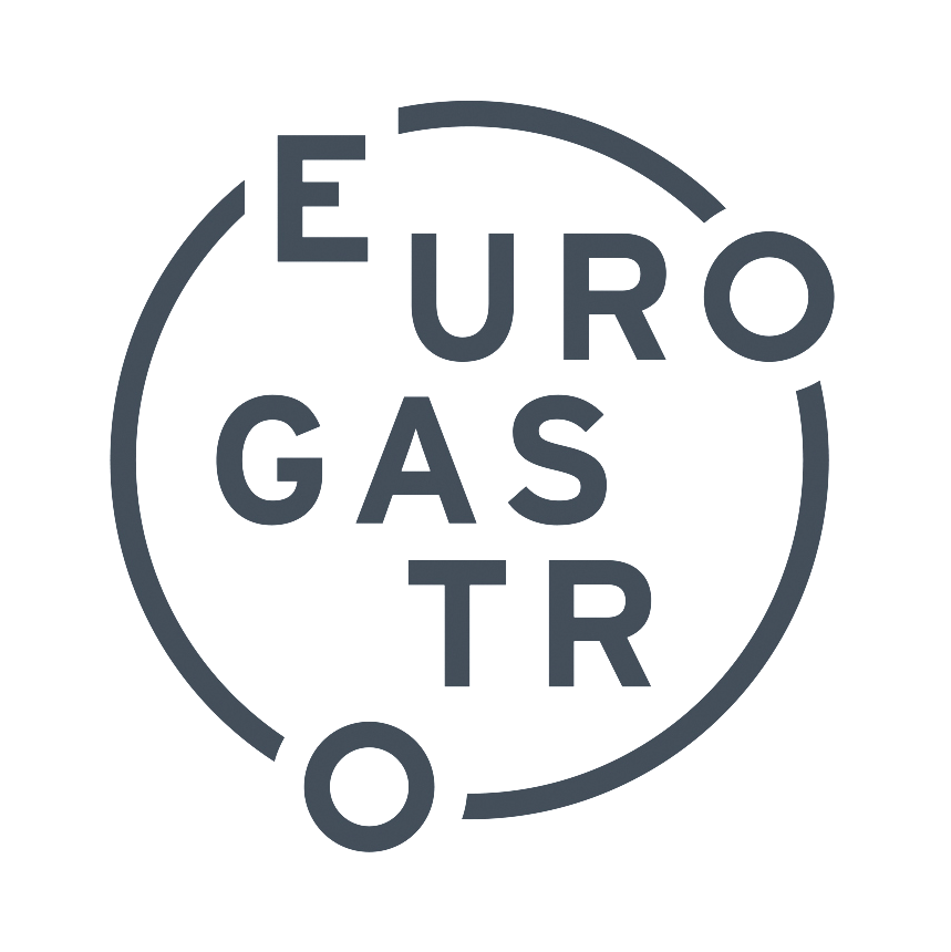 Eurogastro Logo in kreisförmigem Design mit dunkelgrauer Schrift, Symbol für internationale Gastronomie-Messe und Food-Service-Event.